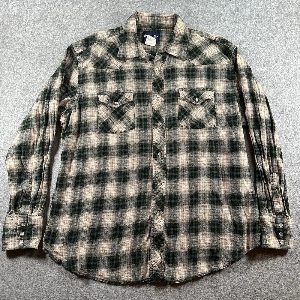 Wrangler Men's XL Green Beige Plaid Flannel Button-Up Shirt Pockets Long Sleeve